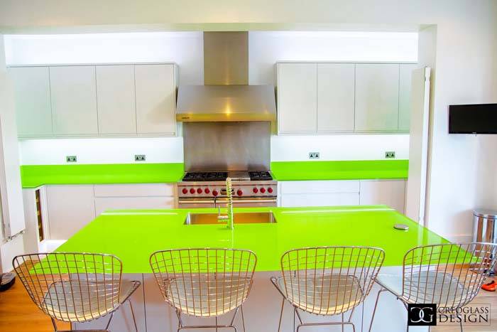 glossy lime green glass kitchen worktop