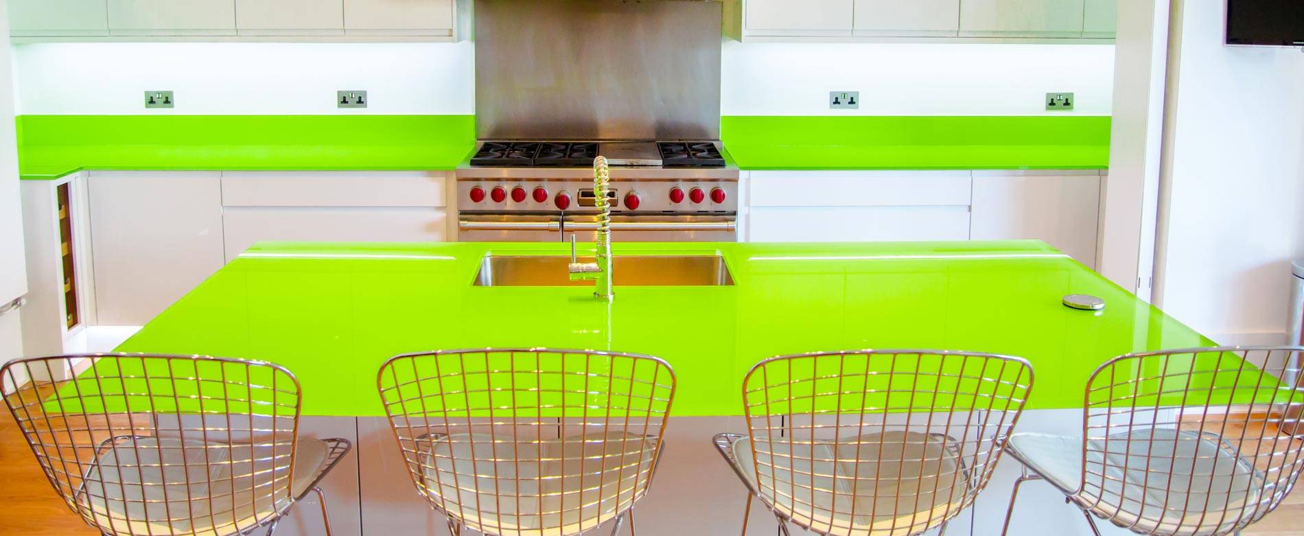 lime green glass worktops and upstands