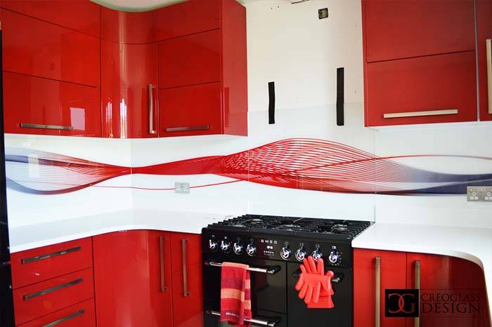 red printed wave with red cabinets