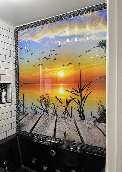 printed glass sunset shower splashback