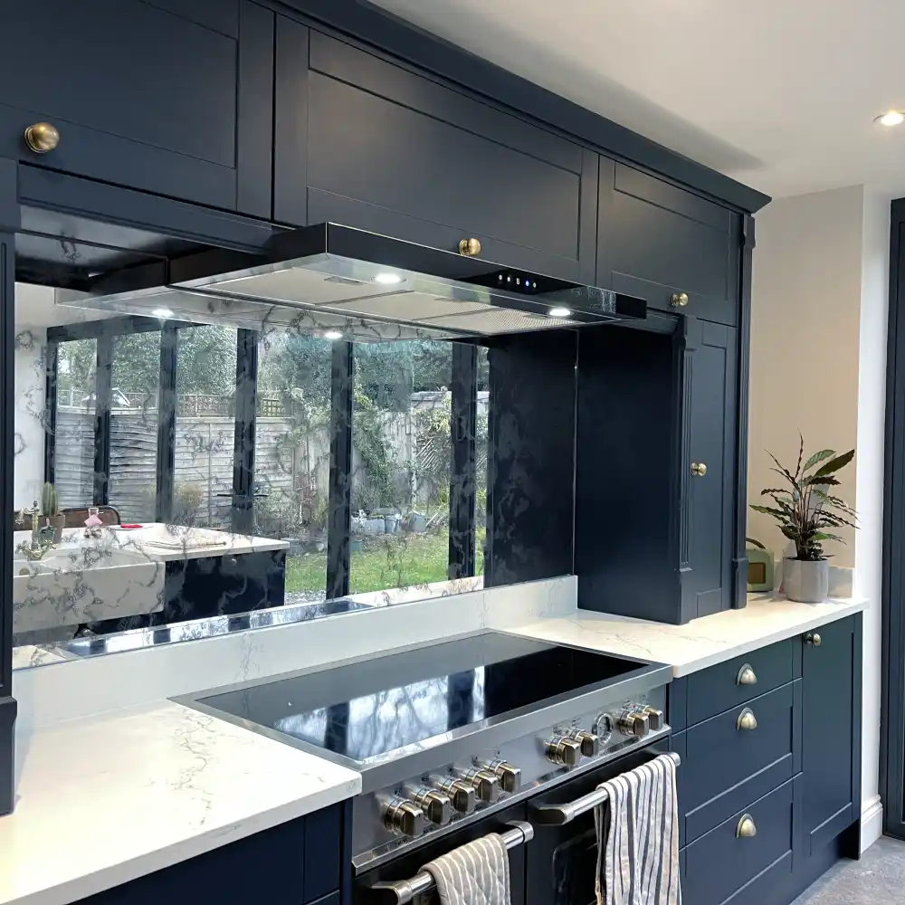Antique Mirror Splashback #8 in blue shaker style kitchen